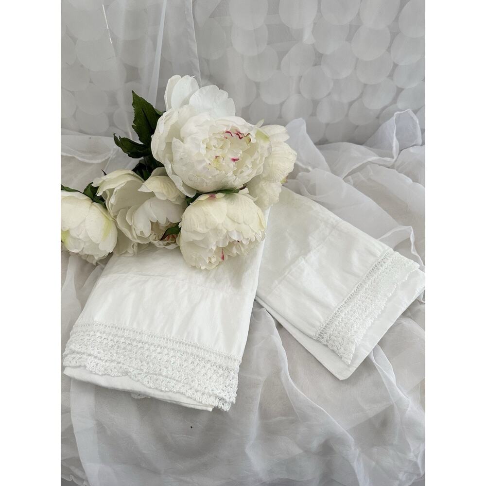 2 VTG 70’s QUEEN Pillowcases 100% Cotton CROCHETED LACE White SHABBY CHIC USA